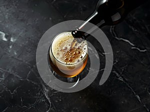 Pouring dark beer from beer bottle in glass serving in a dark background.