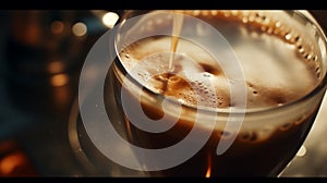 pouring delicious coffee in cup of coffee with rising steam