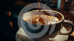 pouring delicious espresso in cup of coffee with rising steam