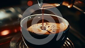 pouring delicious espresso in cup of coffee with rising steam