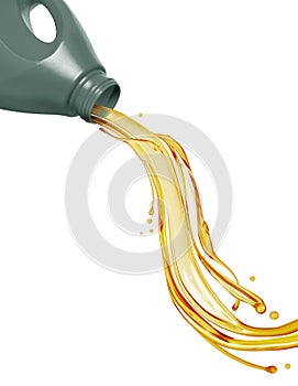 Pouring engine oil from a plastic canister isolated on a white background