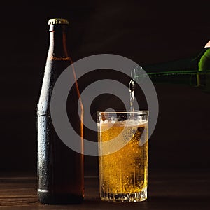 Pouring foaming beer into glass mug with drops near cold beer bootle on wooden table, craft brewing concept