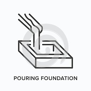 Pouring foundation flat line icon. Vector outline illustration of concrete construction. Black thin linear pictogram for