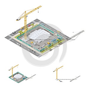 Pouring foundation of a residential building isometric lowpoly ion set