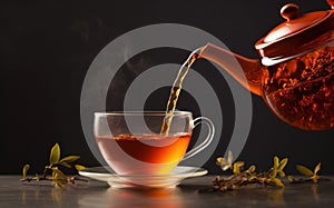 Pouring fresh and hot Rooibos tea from the teapot to a glass cup, dark background