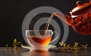 Pouring fresh and hot Rooibos tea from the teapot to a glass cup, dark background photo