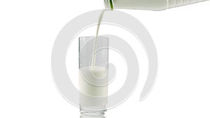 Pouring fresh kefir milk from a bottle into a glass isolated on white close-up.