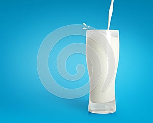 Pouring fresh milk in glass on blue background. Healthy drink background.