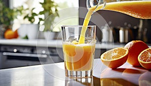 Pouring fresh orange juice into a glass with fresh fruits in background