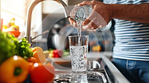 Pouring fresh water into a glass in a kitchen with vegetables.