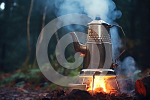 pouring freshly brewed coffee from percolator into a cup