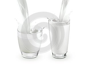 Pouring a glass of milk creating splash, isolated on a white background