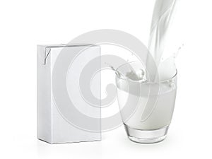 Pouring a glass of milk creating splash, and packaging box isolated on a white background