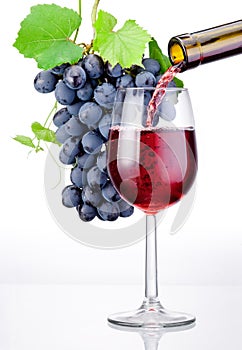 Pouring a glass of red wine and bunch of grapes with leaves