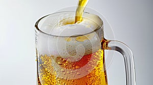 Pouring Golden Beer Creating Frothy Bubbles In A Clear Mug Against A Light Background