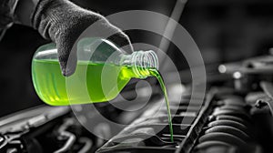 Pouring Green Coolant into Car Engine System