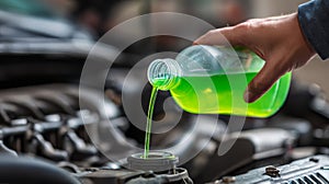 Pouring Green Coolant into Car Engine System