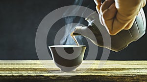 pouring hot tea from a teapot into a  cup on the old wood table a gray background. Left side copy space