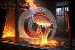 Pouring of liquid metal in metallurgical open hearth furnace, heavy industry