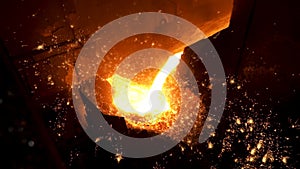 Pouring of liquid metal in open hearth workshop of the metallurgical plant. Stock footage. Smelting of the metal in the