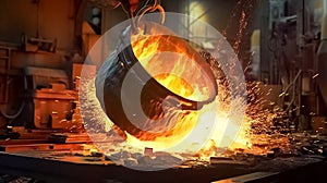 Pouring of liquid metal in open hearth workshop. Metallurgy, Heavy Industry, Iron and Steelmaking.