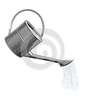 Pouring liquid from watering can on white background