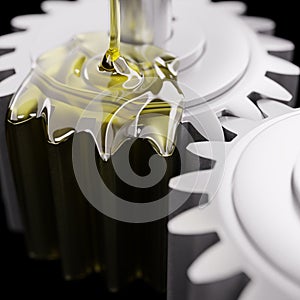 Pouring Lube on Gearwheels 3d Illustration