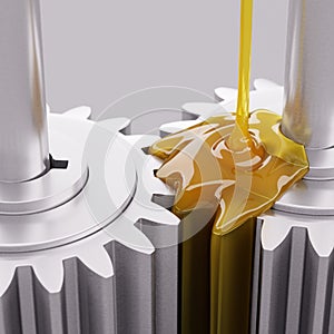 Pouring Lube on Gearwheels 3d Illustration