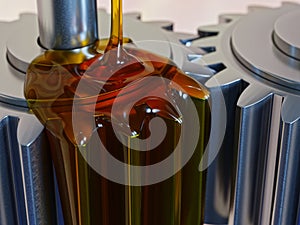 Pouring Lube on Gearwheels 3d Illustration