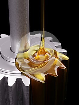 Pouring Lube on Gearwheels 3d Illustration