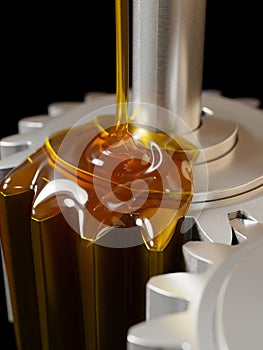 Pouring Lube on Gearwheels 3d Illustration