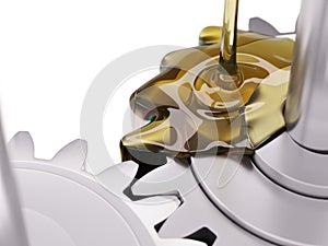Pouring Lubricant on Gearwheel Closeup 3d Illustration