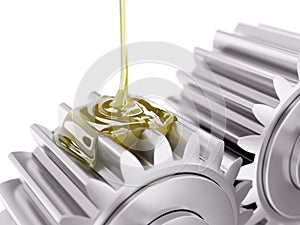 Pouring Lubricant on Gearwheel Closeup 3d Illustration