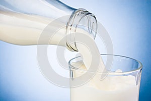 Pouring milk from bottle into glass on blue background