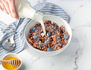 Pouring milk into a bowl with homemade chocolate granola