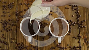 Pouring milk into coffee cups