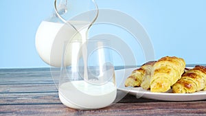 Pouring milk in glass for breakfast with delicious fresh croissants