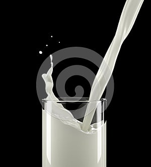 Pouring milk into a glass with small splash. Close up view