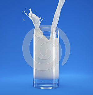 Pouring milk in glass with splash. On blue background