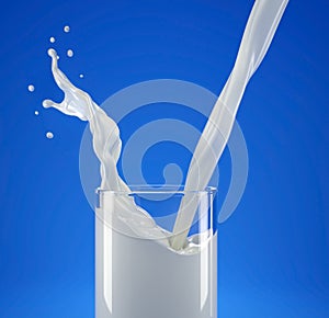 Pouring milk in glass with splash. side view close up