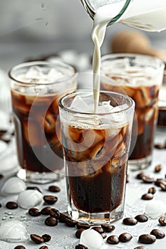 Pouring milk into iced coffee on a bright tabletop creating a refreshing and energizing drink photo