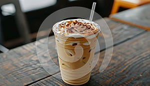 Pouring milk into iced coffee on dark table, creating striking contrast in a captivating scene