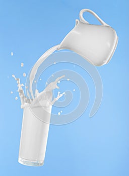 Pouring milk from jug into glass cup  with splashing on blue background