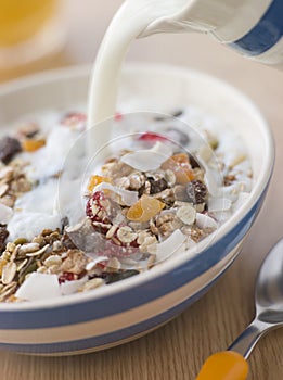 Pouring Milk over a Bowl of Museli