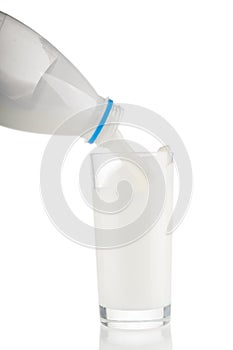 Pouring milk from plastic bottle in glass on white background