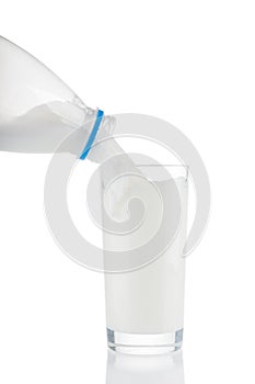 Pouring milk from plastic bottle in glass on white background