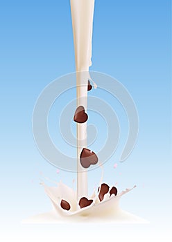 Pouring milk splash with chocolate heart candies