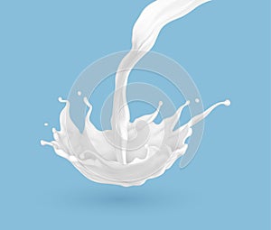 Pouring milk splash isolated on blue background. Natural dairy product, yogurt or cream splash with flying drops. Realistic Vector