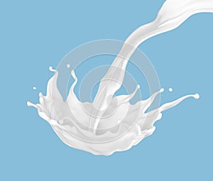 Pouring milk splash isolated on blue background. Natural dairy product, yogurt or cream splash. Realistic Vector illustration