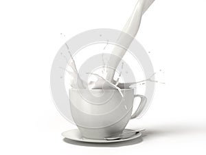 Pouring milk into a white porcelain cup mug with a splash